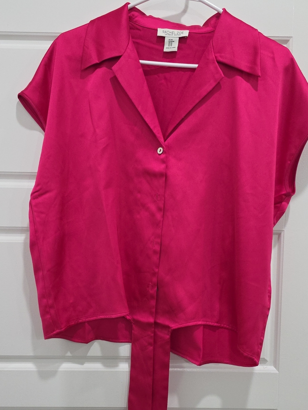 Rachel Zoe Hot Pink Satin Short-Sleeve Button Front Blouse
